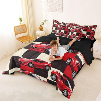 Erosebridal Red Racing Car Full Bed in A Bag for Boys, Cool Speed Race Car Comforter Set with Sheets for Kids Youth Men Teens, Extreme Sport 7 Pcs Bedding Set, Grid Buffalo Bed Sets