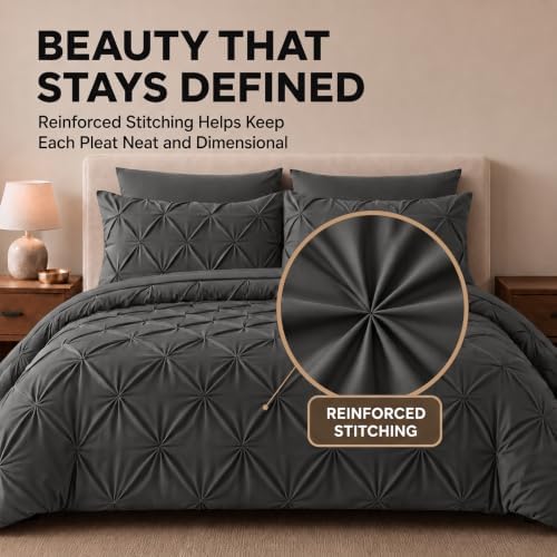 HIMEET Twin XL Comforter Set Dark Grey - 5 Pieces Pintuck Bed in a Bag