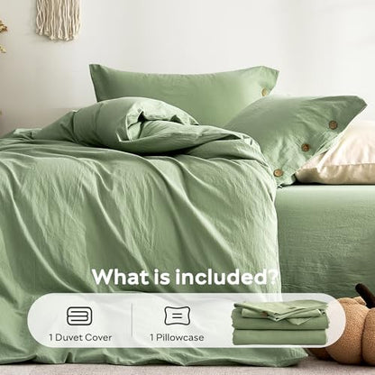 JELLYMONI 100% Washed Cotton Mint Green Duvet Cover Twin, Linen-Like