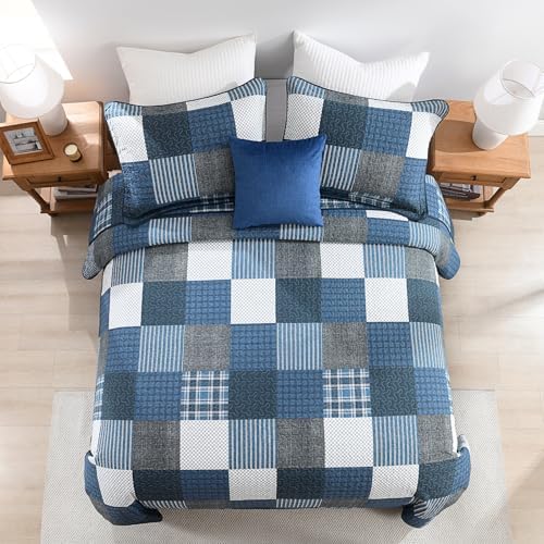 Quilta 100% Cotton Quilt Set, Navy/Black/White Plaid Bedspread Queen Size