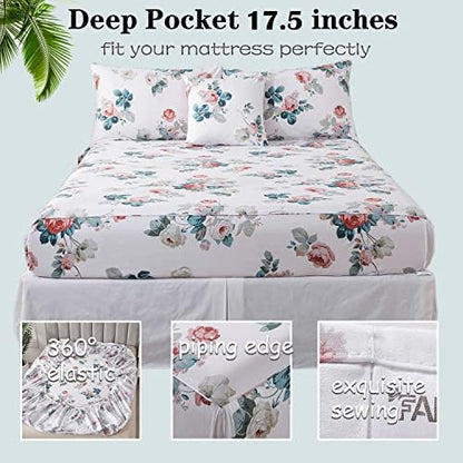 FADFAY King Size Sheets Pink Floral Bed Sheet Set Percale Cotton Shabby Vintage Rose Dark Blue Leaf Print White Sheet Set Chic Farmhouse Bedding Soft Crisp Breathable Deep Pocket Fitted Sheet 4Pcs