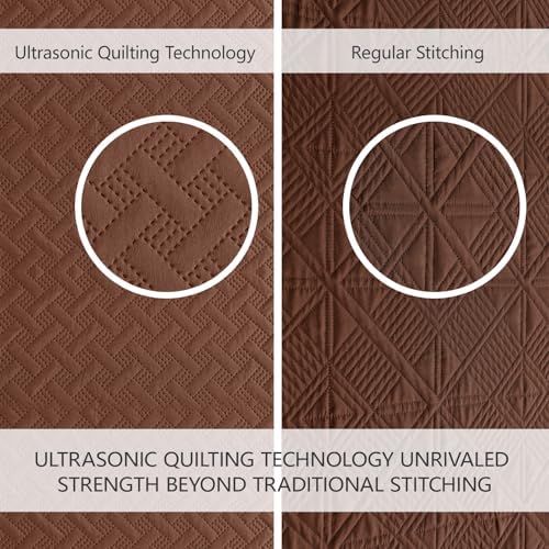 FLYMME Twin Quilt Bedding Set,Brown Lightweight Microfiber Bedspread, Modern Geometric Weave Stripe Pattern, Soft Summer & All-Season Bed Coverlet, Includes 1 Quilt & 1 Sham