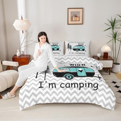 Manfei Kids Adults Camper Comforter Set Queen,Rustic Natural Farmhouse Grey Bedding Set 3pcs for Trailer RV Decor,Moonlight Wild Adventure Quilt Set,Sports Duvet Insert with 2 Pillowcases