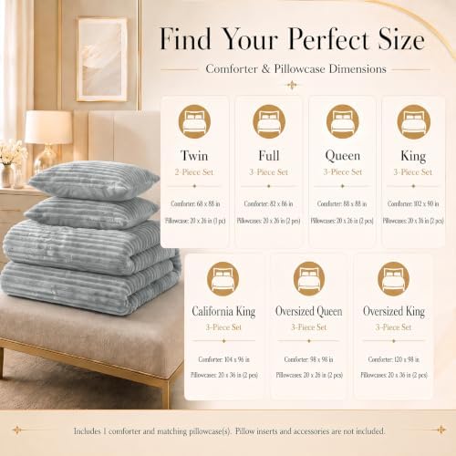 CozyLux Fleece Queen Comforter Set, 3 Piece Winter Warm Light Grey Bedding