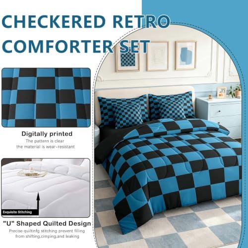 Feelyou Checkered 7 Piece Bedding Set Teen Blue Black Plaid Comforter Set with Sheets Twin Size Kids Boys Cute Retro Neutral Checkerboard Geometric Bed in a Bag Vintage Aesthetic Room Decor