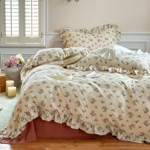 VM VOUGEMARKET 100% Muslin Cotton Duvet Cover Set Twin for Teen Girls,Vintage Flower Comforter/Quilt Cover with Romantic Ruffles,Soft, Breathable & Lightweight