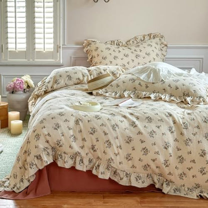 VM VOUGEMARKET 100% Muslin Cotton Duvet Cover Set Twin for Teen Girls,Vintage Flower Comforter/Quilt Cover with Romantic Ruffles,Soft, Breathable & Lightweight