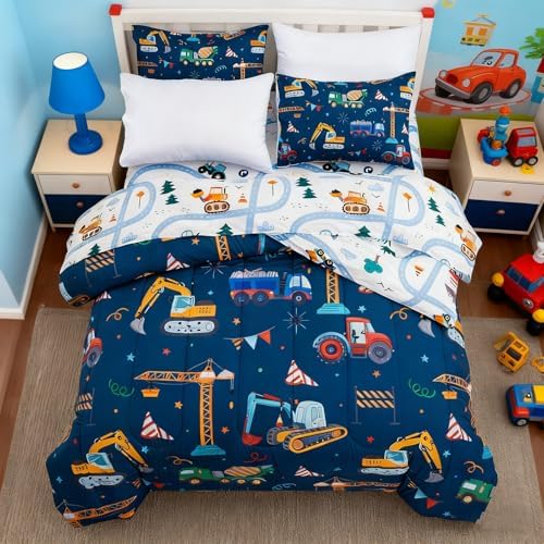 Holawakaka Boys Construction Truck Excavator Twin Comforter Set with Sheets
