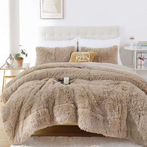 Smoofy Fluffy Queen Comforter Set, Khaki Faux Fur Comforter Set 3 Pieces