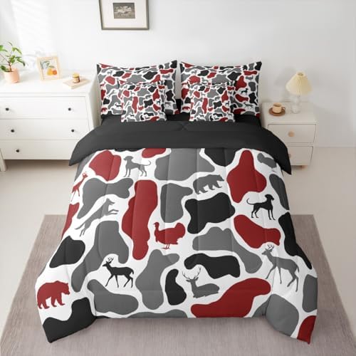 Erosebridal Camouflage 7 Piece Bedding Set Twin Hunting Comforter Set with Sheets Retro Grey Red Bear Army Camo Bed in a Bag Hound Deer Turkey Wolf Print for Kids Boys Girls