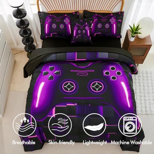 PERFEMET 6 Pieces Bed in A Bag Gamer Comforter Set Full Size Purple Gaming Bedding Set for Boys Kids Teen Soft Lightweight Video Game Black Quilt Bedspread Set(Purple, Full)
