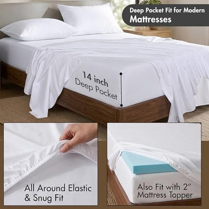 ZOYER 100% Cotton Sheets – California King Percale Bedding, Cooling & Breathable, Durable with a Crisp, Soft & Comfortable Feel, 14" Deep Pocket, 4-Piece Set, Bright White
