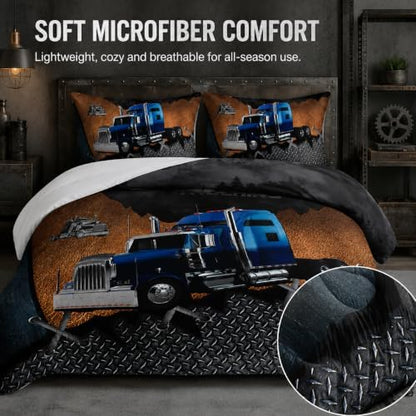 AILONEN Trucks Pattern Comforter Set Queen Size, Blue Truck and Forest Patterns Bedding Set for Kids Boys Girls Teens Bedroom,3 Pieces,1 Quilt and 2 Pillowcases,Soft,Breathable