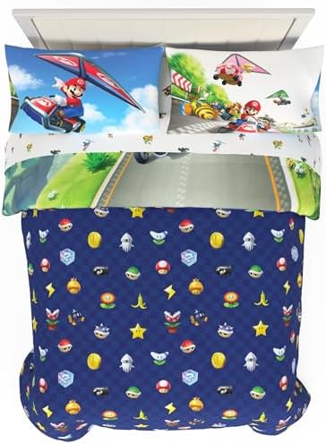 Super Mario Kart Game Kids Bedding Set, Full Size, 5-Piece Super Soft Cozy Reversible Comforter & Sheet Set (Officially Licensed Product) by Franco