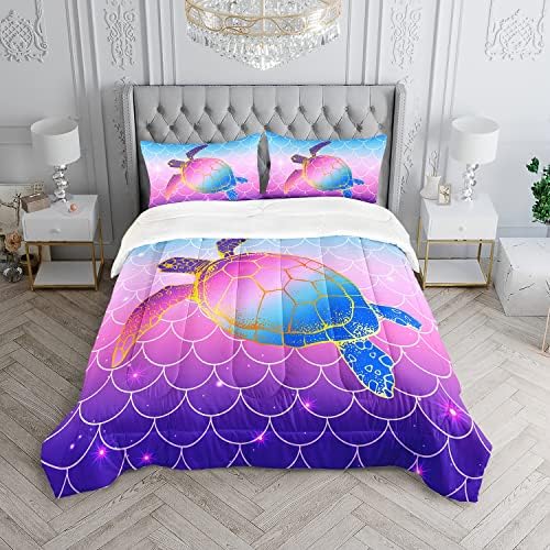 HOSIMA Mermaid Fish Scales Bedding Sets,Sea Turtle Comforter Rainbow Bedding Glitter Star Themed Full Comforter Set for Girls Kids Room Decor,Bed Set for Girls with 2 Pillowcases.