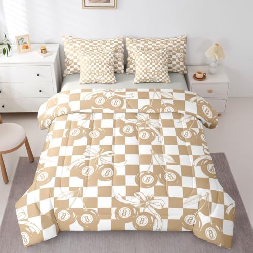 Erosebridal 7 Piece Lucky 8 Ball Comforter Set King Fashion Y2K Bowknot Bedding Set with Cute Cherry Ball Design,Minimalist Trendy Geometric Plaid Bed in A Bag Aesthetic Funky Coquette Bed Set