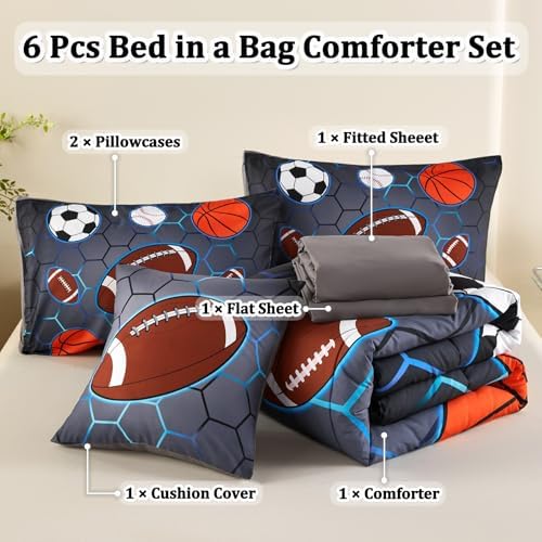 6 Pcs Sports Bedding Set for Boys Full Size, Basketball Baseball Football Soccer Bedding Boys Comforter Set with Sheets