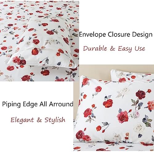 FADFAY Vintage White Rose Floral Bedding - King Size, 100% Percale Egyptian Cotton, 800 Thread Count, Deep Pocket Fitted Sheet, 4Pcs