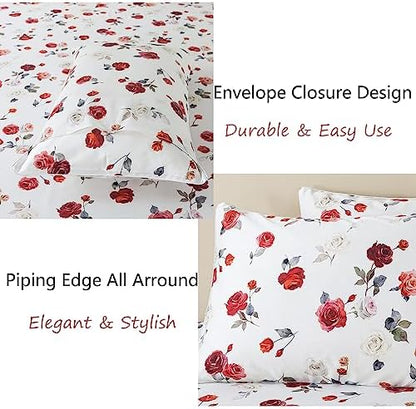 FADFAY Rose Sheets Set Twin Vintage White Floral Bedding Chic Red Rose Bed Sheets Shabby Farmhouse Bedding 100% Percale Egyptian Cotton 800 Thread Count Deep Pocket Fitted Sheet 4Pcs, Twin Size