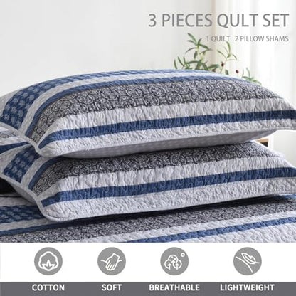 Homzard Quilt Bedding Set Twin Size - 100% Cotton Comforter Set,Gray Blue Quilts Bedspread for The Bed, Farmhouse Lightweight Bedding All Season