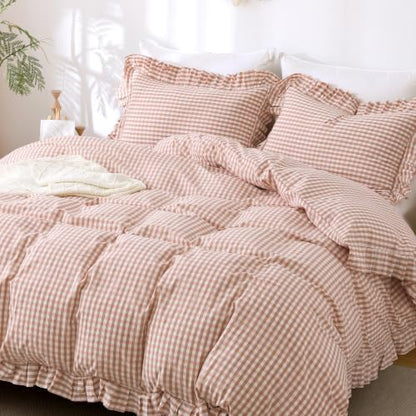ATsense Pink Brown Gingham Ruffle Duvet Cover Set Cotton Like Linen, King