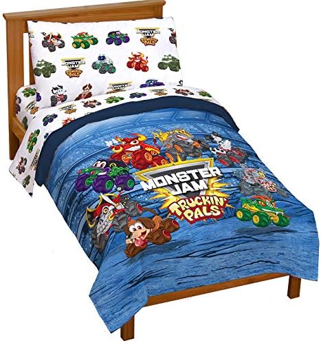 Monster Jam Toddler Size Comforter Set 4 Piece Kids Bedding for Boys, Blue