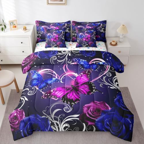 Feelyou Cute Butterfly Comforter Set with Sheets 7 Piece Queen Size