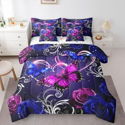 Feelyou Cute Butterfly Comforter Set with Sheets 7 Piece Twin Size
