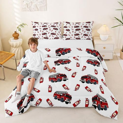 Feelyou Fire Truck Comforter Set Full Size Firefighter Bedding Set for Kids Boys Girls Emergency Vehicles Duvet Quilt Bedroom Decor Microfiber 3 Pcs with 2 Pillow Cases