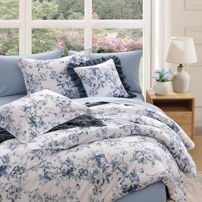 BLOOMHAVEN Full Size Comforter Sets-7 Pieces Blue Floral Bed in a Bag