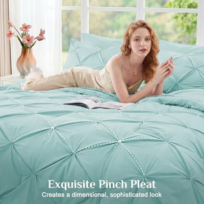 JOLLYVOGUE Queen Comforter Set 7 Pieces - Bed in a Bag Queen for All Season, Pintuck Bedding Comforter Sets with Comforter, Flat Sheet, Fitted Sheet and Pillowcases & Shams, Lake Blue
