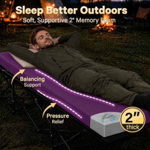 CYMULA Camping Cot Pad 2 Inch Memory Foam, Pad Only,Camping Pad for Folding Cot and Foldable Cot, Portable Roll Up Camp Gear for Car Camping Travel Tent, Non-Slip Waterproof Bottom, Removable Cover
