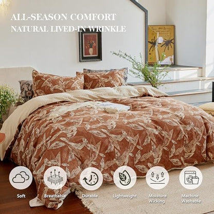 Simple&Opulence Muslin Duvet Cover Set King Size, 100% Washed Cotton 3 Pieces Yarn-Dyed Vintage Brown Floral Jacquard Textured Bedding, Soft & Breathable Gauze Comforter Cover with Zipper Closure