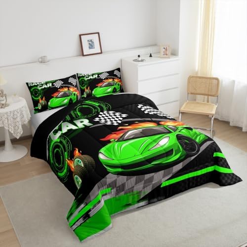 Feelyou Kids Green Race car Comforter Set Twin Size Boys Girls