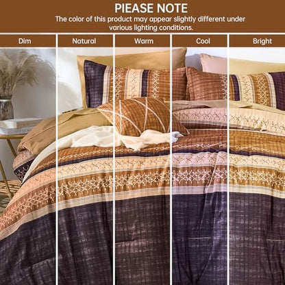 Dintszyayue Boho King Comforter Size Set, 8 Pieces Striped Texture Gold Purple Bed in a Bag Sets, Lightweight Soft Bohemian Comforter and Sheet Set, All Season Microfiber Bedding Sets for Men Women