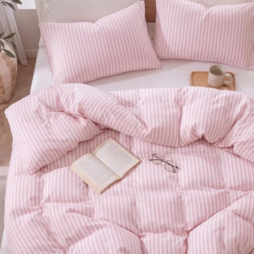 Bedbay Pink Striped Duvet Cover Set King Size, 100% Cotton 300TC Sateen, Dusty Rose Fine Stripe Bedding, Soft Smooth Breathable Luxury Sateen Set, 3 Pieces