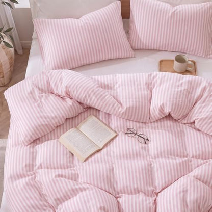 Bedbay Pink Striped Duvet Cover Set King Size, 100% Cotton 300TC Sateen, Dusty Rose Fine Stripe Bedding, Soft Smooth Breathable Luxury Sateen Set, 3 Pieces