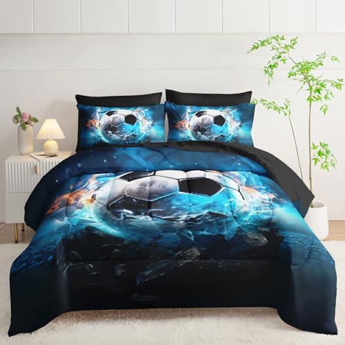 AILONEN Boys Soccer Comforter Set Queen 7-Piece Bed in a Bag for Kids Boys,Soft Comforter & Fitted Sheet with Flat Sheet,2 Pillowcases,2 Pillow Shams