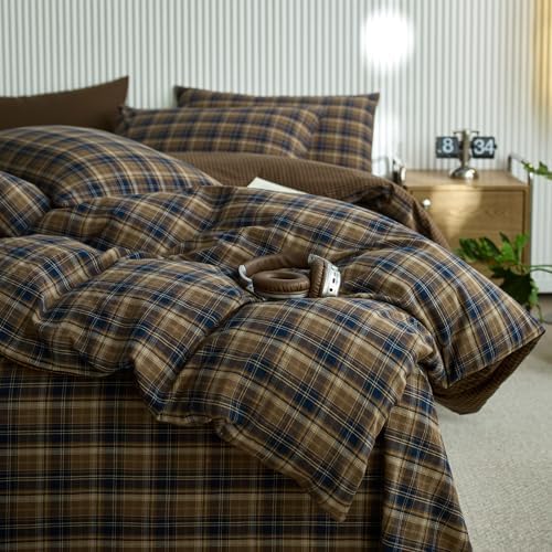 LifeTB Vintage Brown&Blue Plaid Duvet Cover Grid Bedding Set King, 100% Washed Cotton Retro Plaid Checkered Comforter Cover, 3 Piece Grid Pattern Duvet Cover Linen Feel Farmhouse Gingham Bedding Set