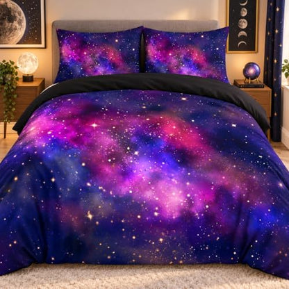 Galaxy Duvet Cover Space Bedding Set Twin Size for Teen Kids, for Boys and Girls Purple Bed Set Printed with 1 Comforter Cover and 2 Pillowcases