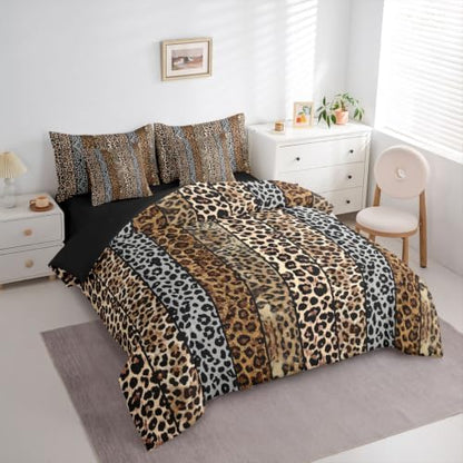 Erosebridal Gray and Brown Leopard Print 7-Piece Bed in a Bag Full Size for Men Women Adults - Cheetah Printed Bedding Set Wild Safari Animal Comforter Set with Sheets Modern Leopard Print Quilt