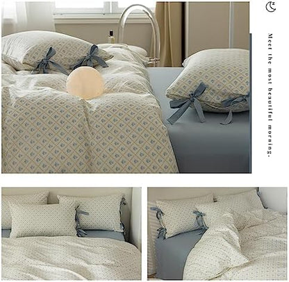mixinni Blue Floral Duvet Cover Set Twin XL - 3 Piece Cottagecore Bedding Set with Bow Ties & Zipper Closure, 100% Cotton Soft Aesthetic Comforter Cover for Girls, Lightweight Breathable Country Style
