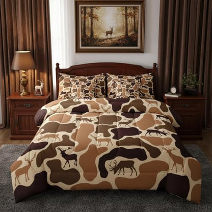 Erosebridal Deer Camo Bedding Set 7 Piece Camouflage Hunting Deer Comforter Set Queen Brown Military Army Camo Bed in A Bag for Kids Adults Country Hunter Wildlife Quilt with Flat Fitted Sheet