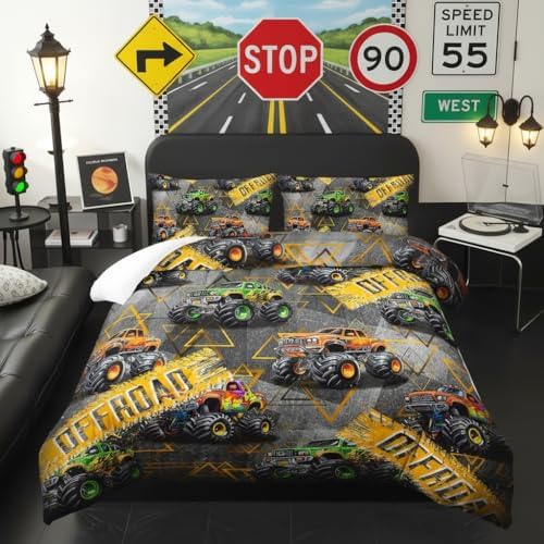 Twin Size Monster Truck Comforter Sets for Boys，Monster Truck Twin Size Bedding Sets Boys，with 1 Comforter with 2 Pillow Case，Kids Monster Truck Themed Bedroom Decor