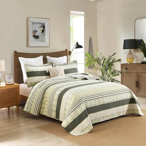 Homzard 100% Cotton Quilt King Size, Green Yellow Striped Plaid Quilt Bedding Set,Olive Green Lightweight Soft Farmhouse Bedspread Coverlet,Summer Spring Lightweight King Size Comforter Set 3 Pieces