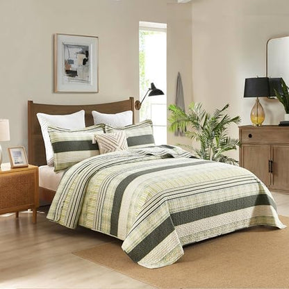 Homzard 100% Cotton Quilt King Size, Green Yellow Striped Plaid Quilt Bedding Set,Olive Green Lightweight Soft Farmhouse Bedspread Coverlet,Summer Spring Lightweight King Size Comforter Set 3 Pieces