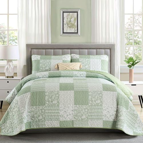 Mybedsoul Light Green Quilts Queen Size, Patchwork Floral Bedding Set