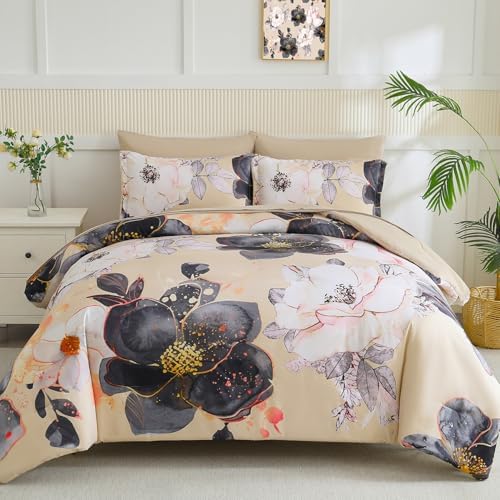 Yogeneg King Size Comforter Set 7 Piece Bed in a Bag,White Black Floral Botanical Pattern Khaki Bedding Set,Soft Microfiber Comforter with Sheet Set,All Season Bed Set(Khaki,King)