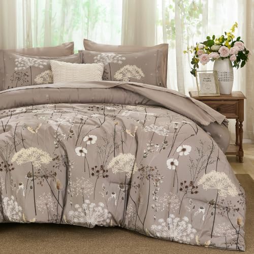 Yiran King Comforter Size Set, 7 Piece Brown Dandelion Floral Bed in a Bag