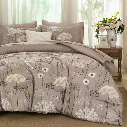 Yiran King Comforter Size Set, 7 Piece Brown Dandelion Floral Bed in a Bag